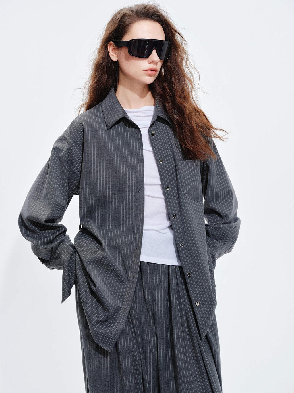 audreyyang Striped Relaxed Lapel Button Long Sleeve Casual Women Polyester Top & Pants Sets
