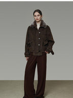 unspoken Faux Fur Collar Loose Fit Structured Tailored High Waist Women Brown Short Coat