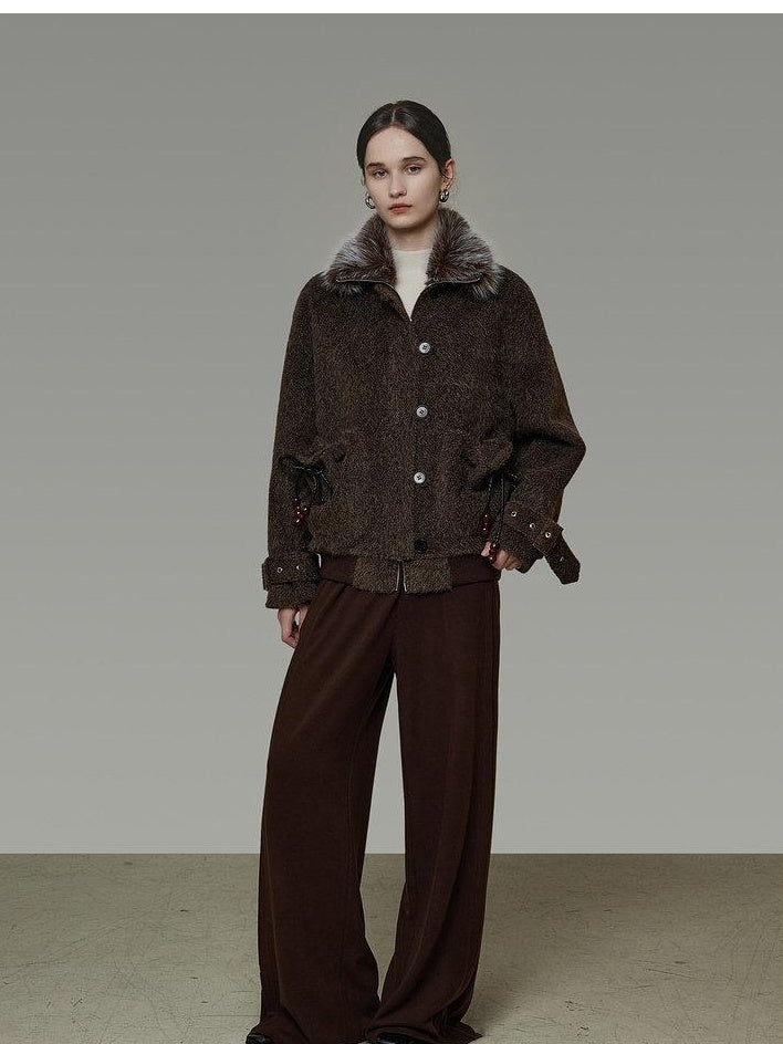 unspoken Faux Fur Collar Loose Fit Structured Tailored High Waist Women Brown Short Coat