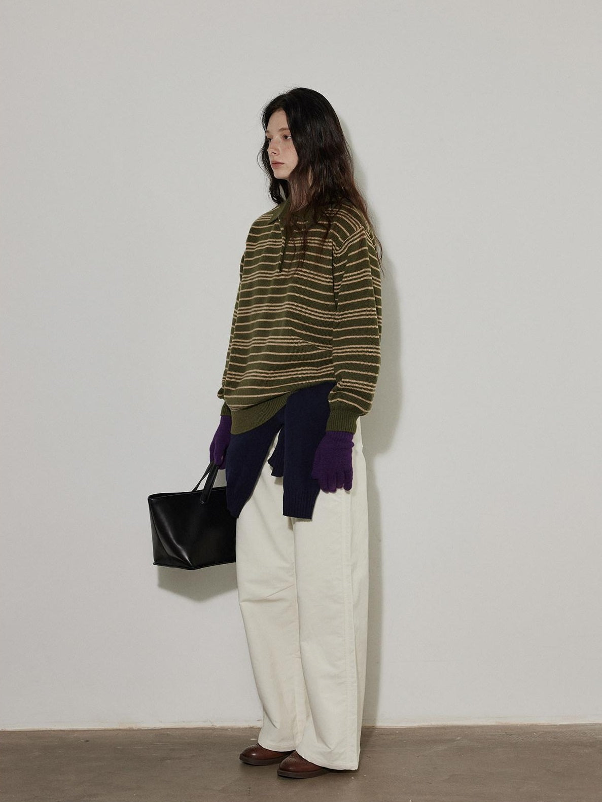 Lofi choose Cozy Striped Polo Collar Loose Fit Knit Pullover Workwear Acrylic Sweaters