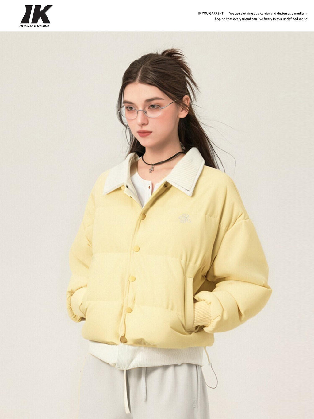 ikyou Thick Embroidered Patchwork Minimal Straight Crop Polo Yellow Puffer Jackets