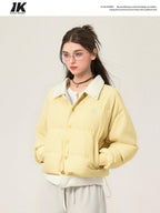 ikyou Thick Embroidered Patchwork Minimal Straight Crop Polo Yellow Puffer Jackets