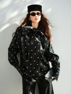 audreyyang Waterproof Pu Leather Vintage Loose Bow Tie Neck Polka Dot Blouses