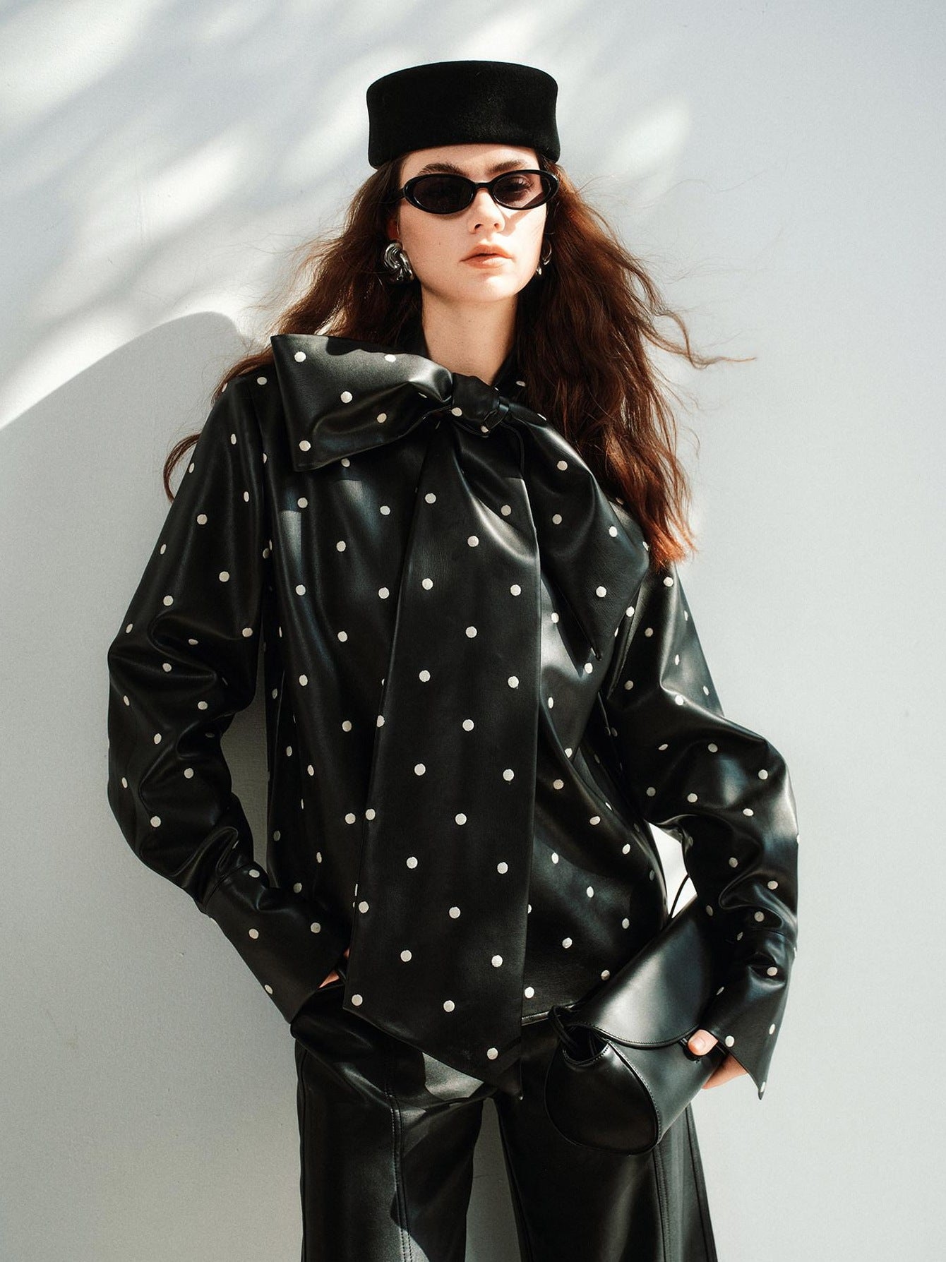 audreyyang Waterproof Pu Leather Vintage Loose Bow Tie Neck Polka Dot Blouses