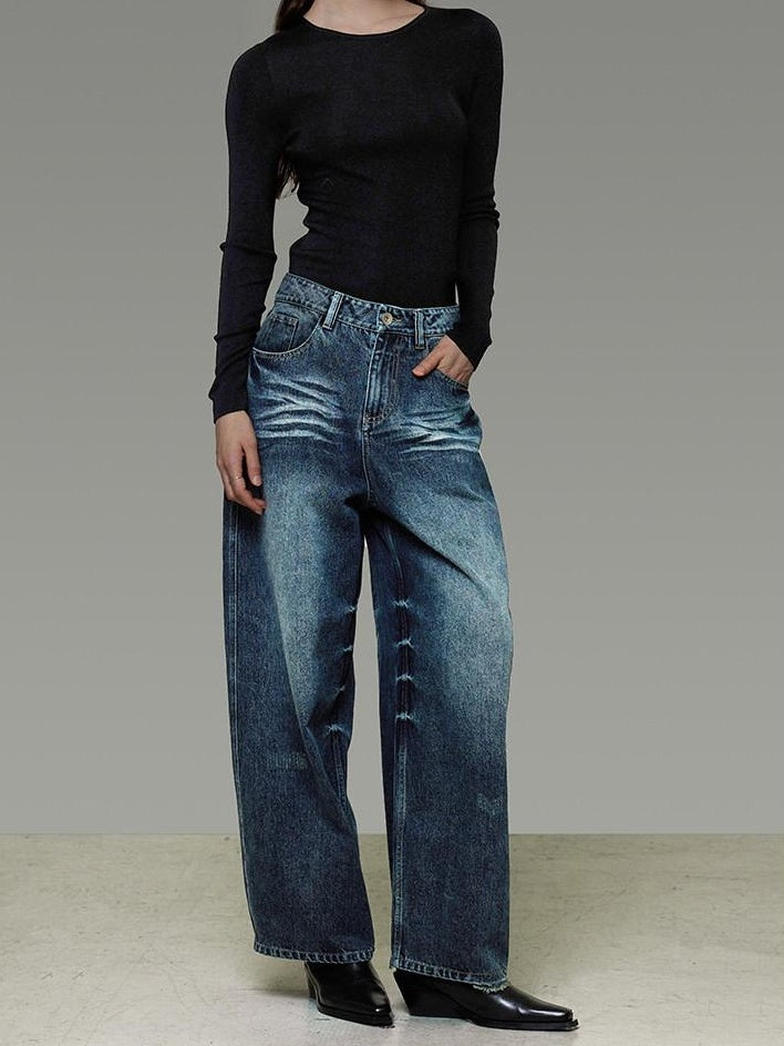 unspoken Washed High Waist Durable Workwear Vintage Blue Button Fly Rigid Wide Leg Jeans