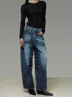 unspoken Washed High Waist Durable Workwear Vintage Blue Button Fly Rigid Wide Leg Jeans