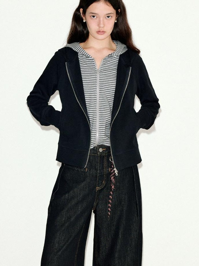 fano Striped Faux Two Piece Loose Fit Commuter Women Black Cotton Blend Hoodie