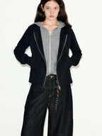fano Striped Faux Two Piece Loose Fit Commuter Women Black Cotton Blend Hoodie
