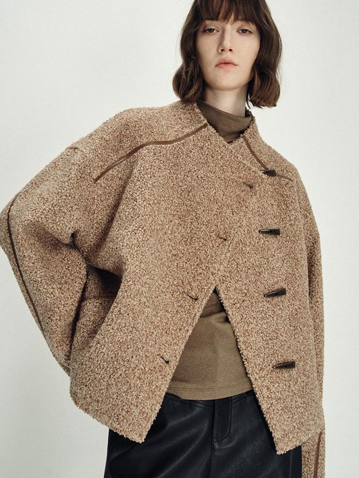 someonesometimes Insulated Original Design Loose Fit Button Stand Collar Unisex Short Coat