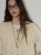Lofi choose Versatile Openwork Short Round Neck Office Knit Women Ivory Acrylic Cardigans