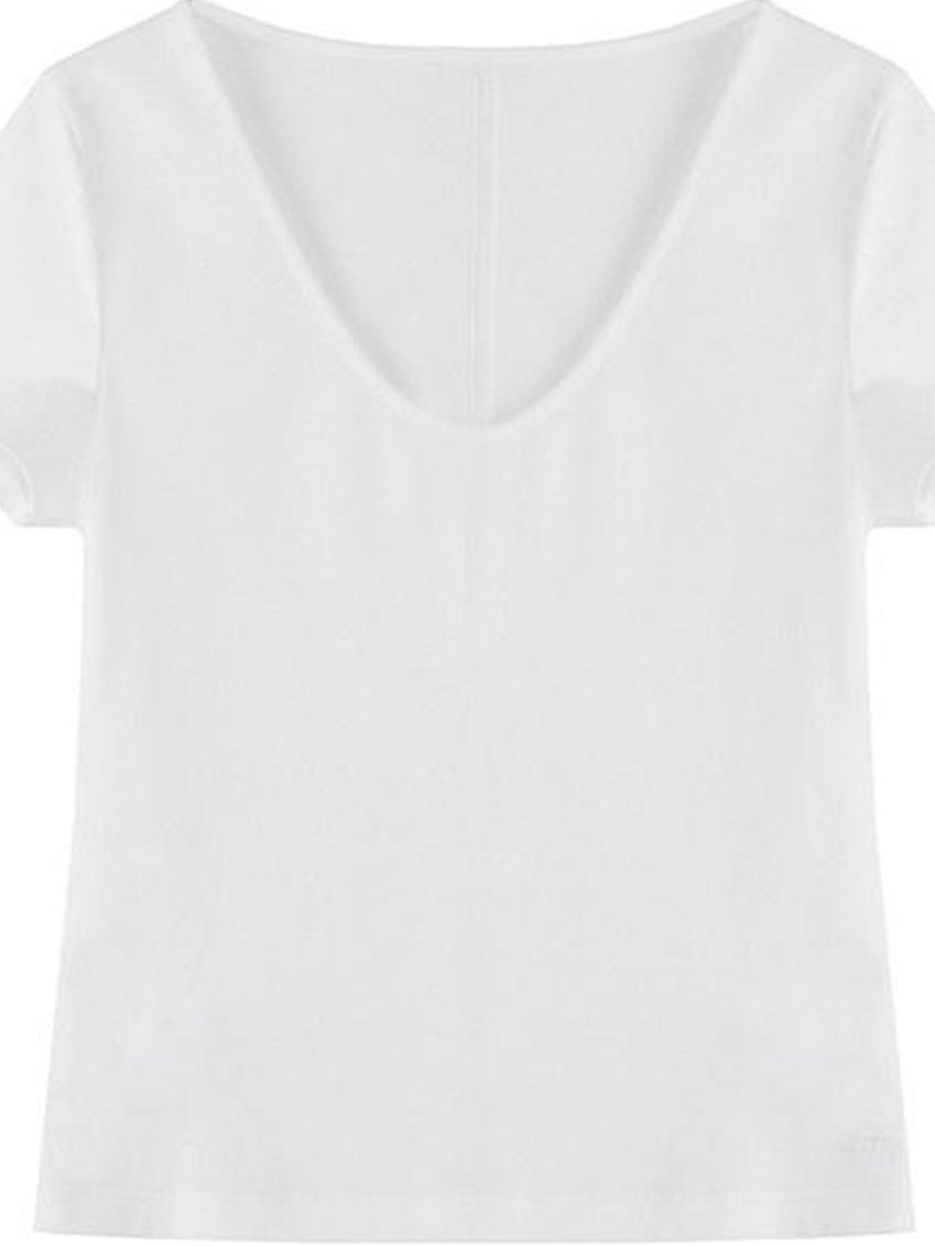 fano Cotton Tencel V-neck Straight Fit Women Black White Short Sleeve T-Shirts