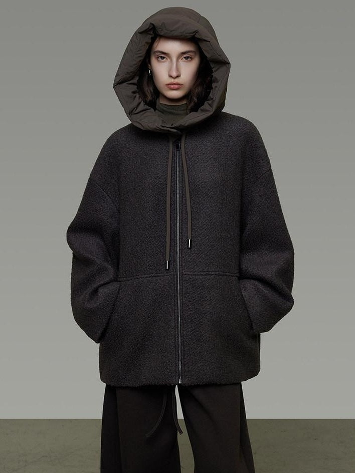 unspoken Premium Lambswool Hooded Relaxed Fit Minimal Commuter Zipper Gray Wool Coats