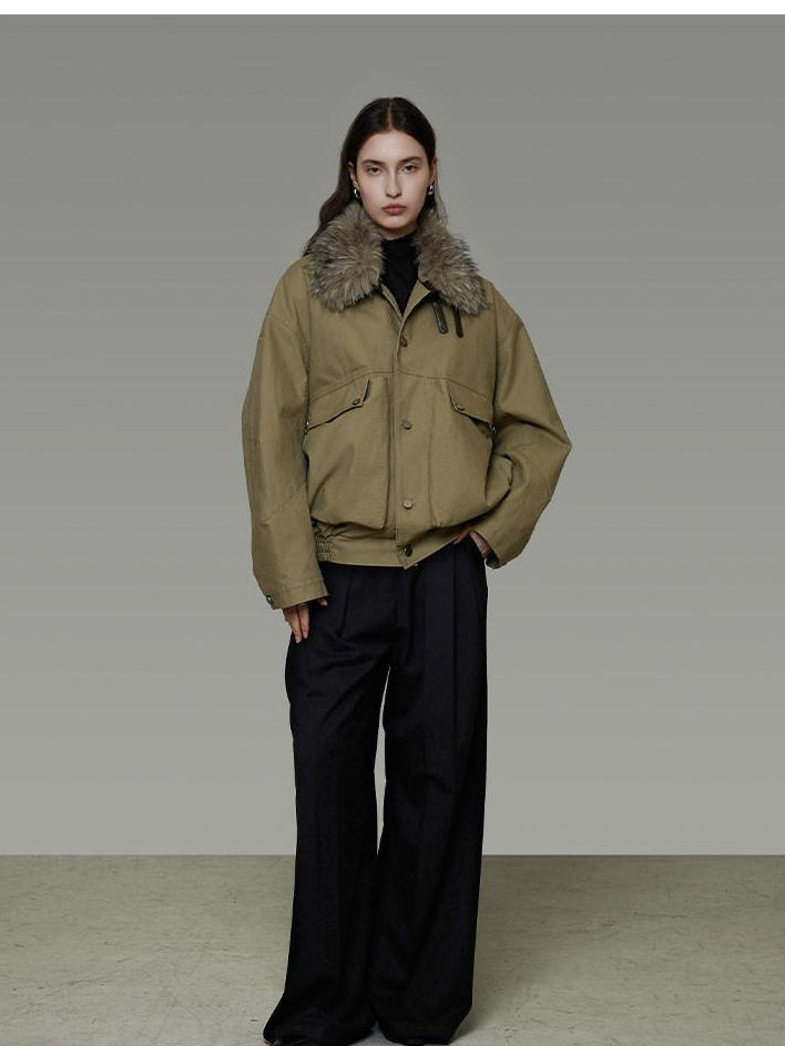 unspoken Thick Fleece Lined Fur Collar Loose Minimal Commuter Women Sage Puffer Jackets