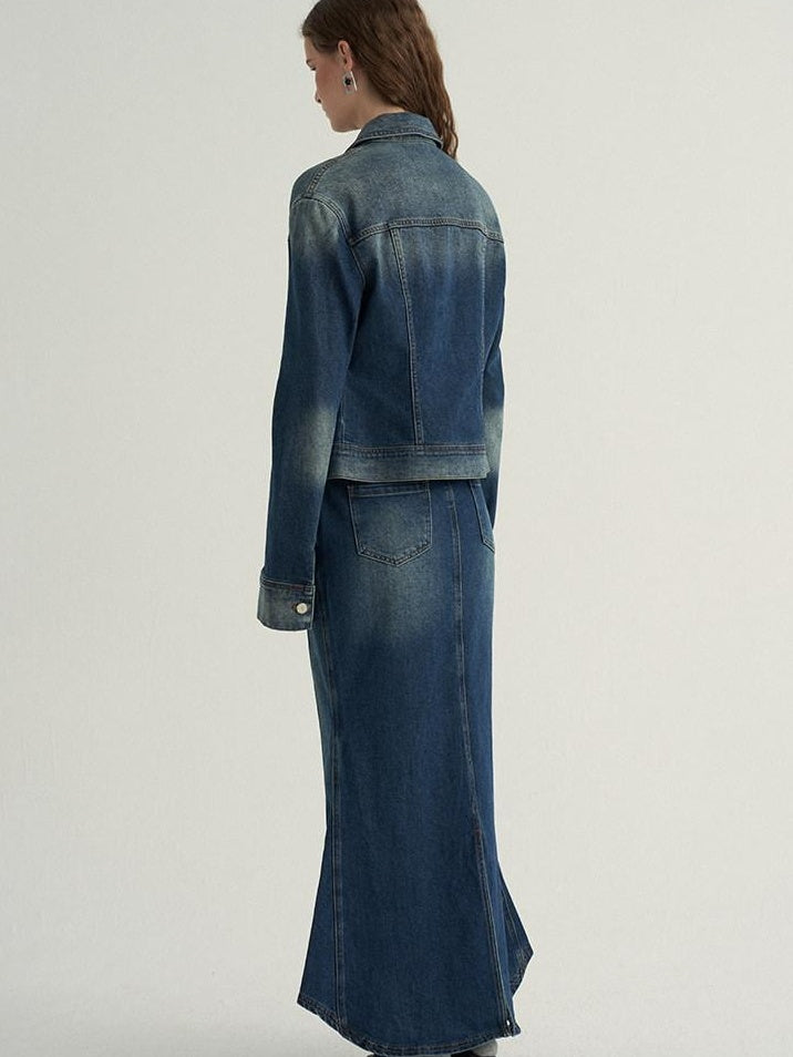 someone sometimes High Cotton Denim Blue Long Sleeve Collared Buttoned Women Top & Skirt Sets