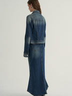 someone sometimes High Cotton Denim Blue Long Sleeve Collared Buttoned Women Top & Skirt Sets