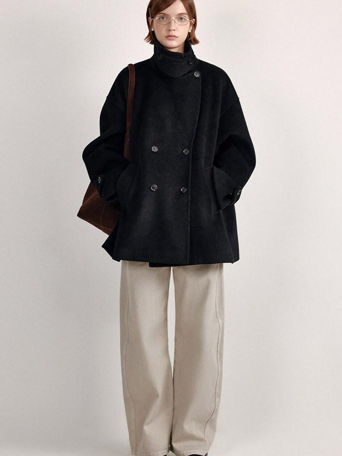 fano Double Breasted Stand Collar Commuter Loose Fit Women Black Pocket Wool Coats