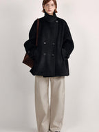 fano Double Breasted Stand Collar Commuter Loose Fit Women Black Pocket Wool Coats