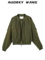audreyyang Soft Modal Blend Casual Loose Cropped Zip Long Sleeve Women Olive Bomber Jackets