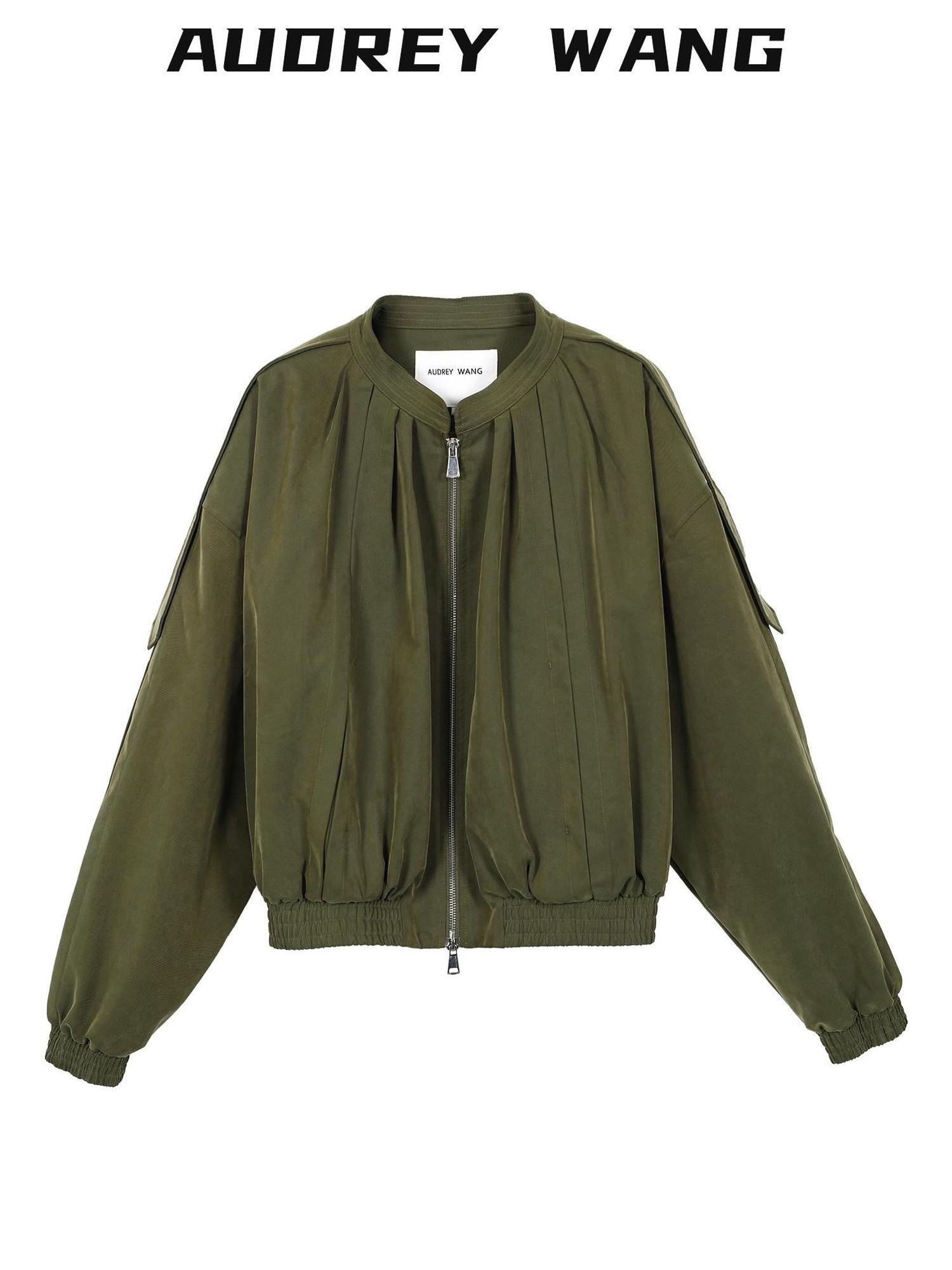 audreyyang Soft Modal Blend Casual Loose Cropped Zip Long Sleeve Women Olive Bomber Jackets