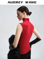 audreyyang Soft 100 Percent Wool High Neck Fitted Women Off Shoulder Crop Tops