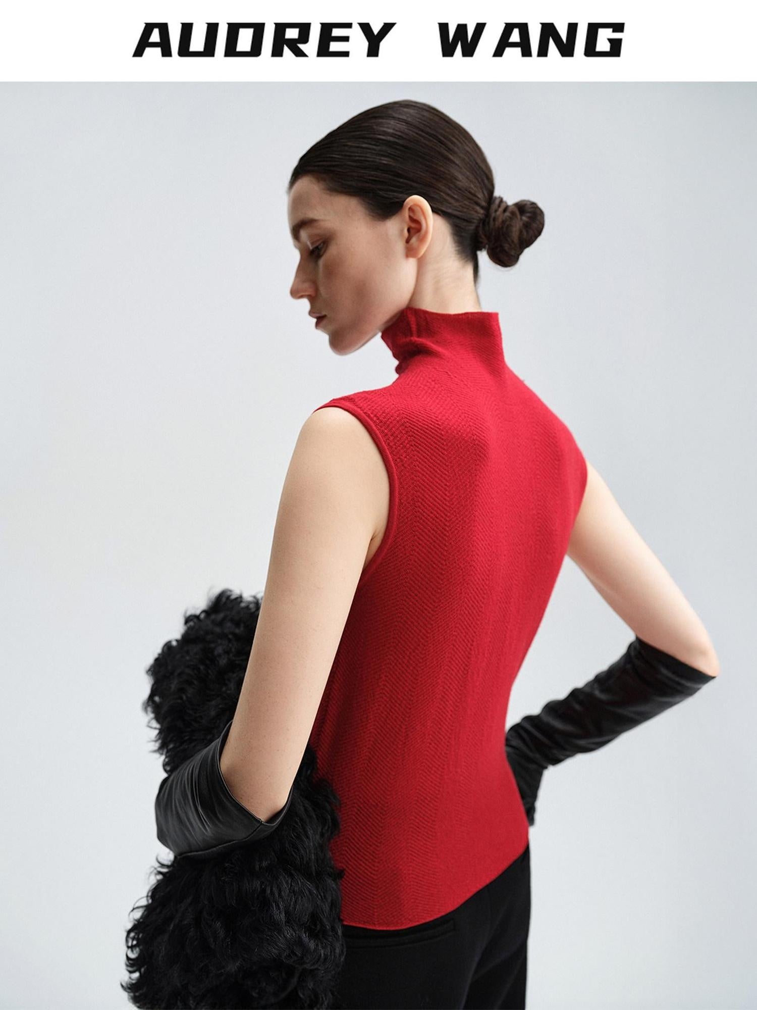 audreyyang Soft 100 Percent Wool High Neck Fitted Women Off Shoulder Crop Tops