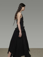 unspoken Ultra Soft Tencel A Line Cinched Waist Minimalist Commuter Black Maxi Dresses