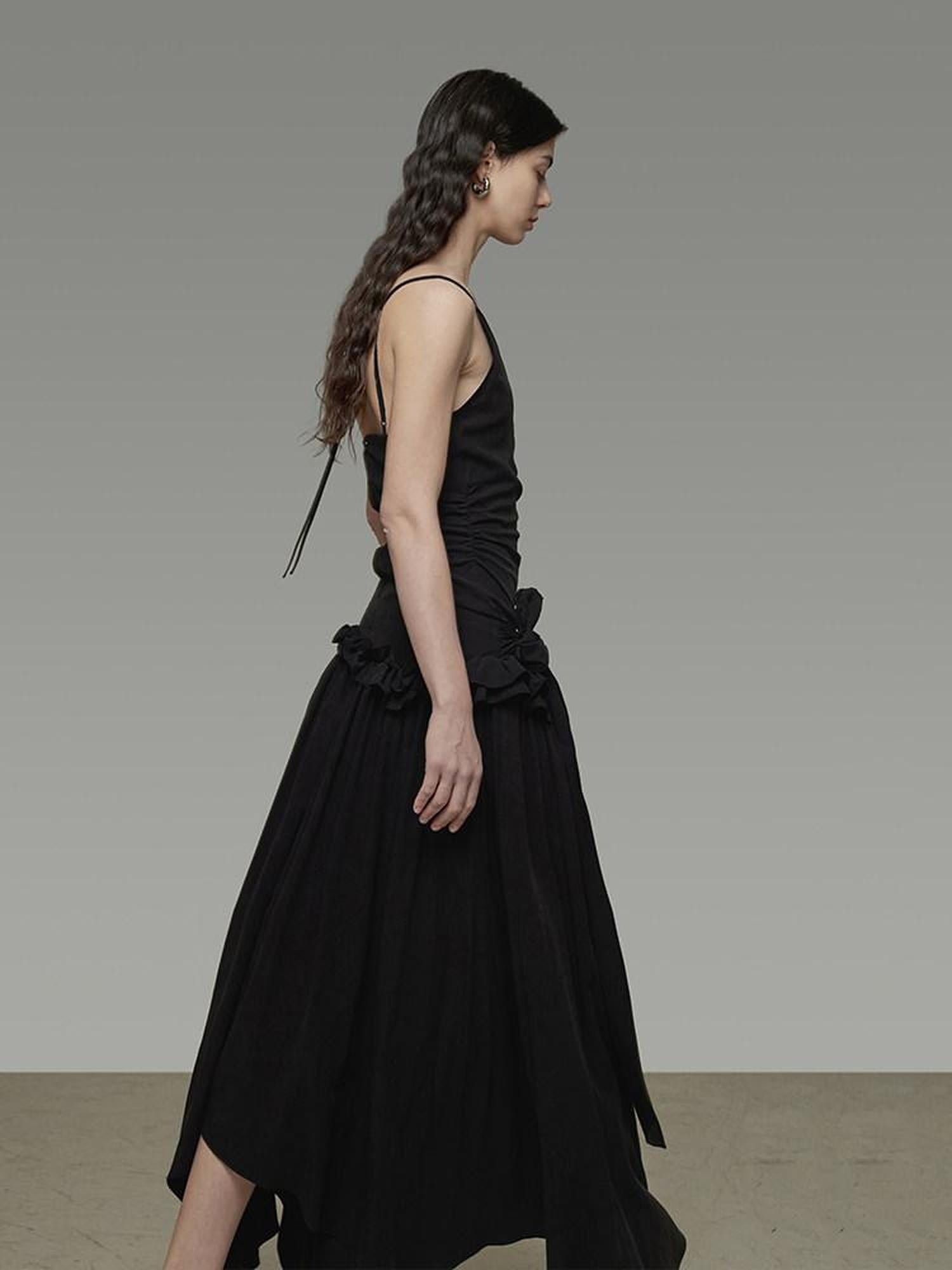 unspoken Ultra Soft Tencel A Line Cinched Waist Minimalist Commuter Black Maxi Dresses