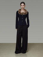 unspoken Warm Fur Collar Slim Cropped Workwear Women Cotton Leopard Navy Cardigans
