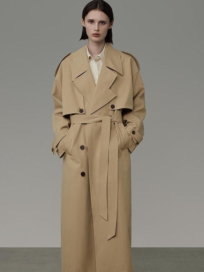 unspoken Pure Cotton Double Breasted Long Straight Minimal Women Khaki Trench Coats