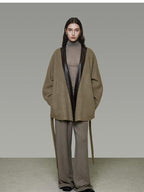 unspoken Minimal Patchwork Loose Fit V-neck Tie Closure Women Commuter Wool Coats