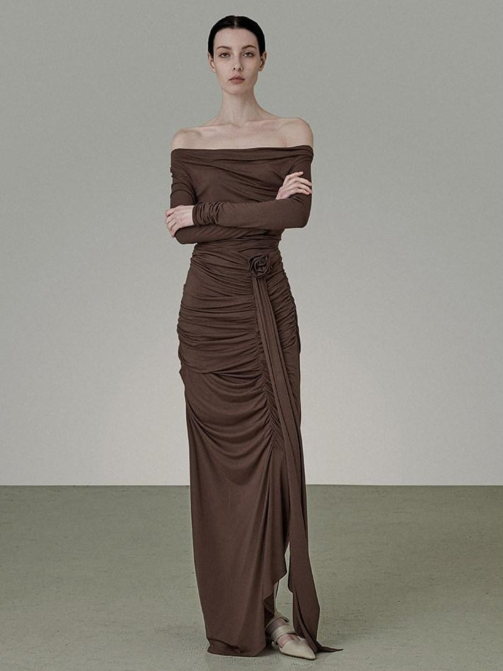 unspoken Slim Pleated Minimalist Workwear Women Pullover Polyester Brown Top & Skirt Sets