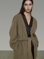 unspoken Minimal Patchwork Loose Fit V-neck Tie Closure Women Commuter Wool Coats