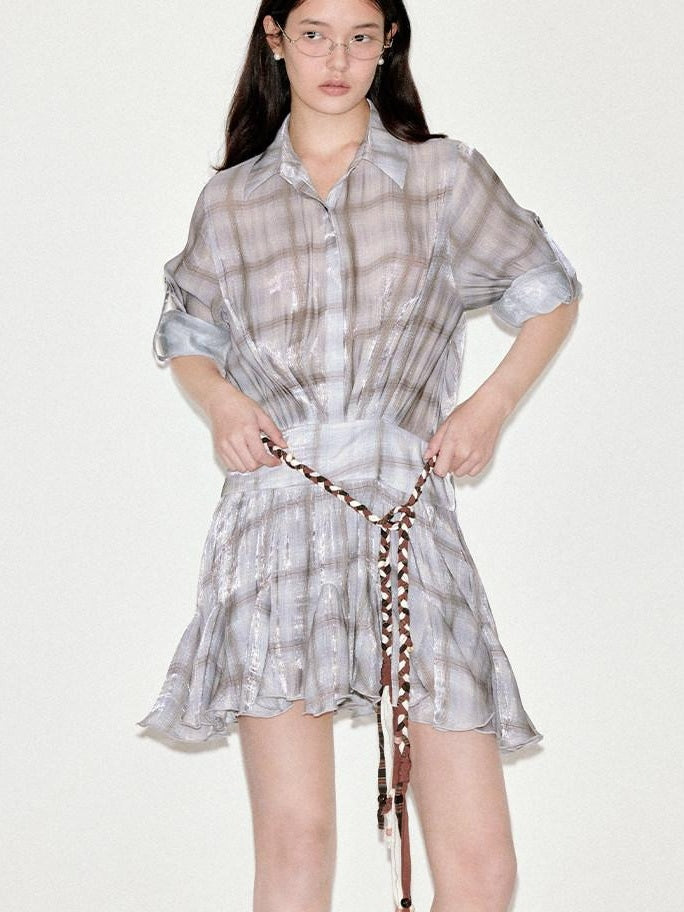 fano Plaid Korean Workwear A Line Natural Waist Mid Sleeve Khaki Midi Dresses