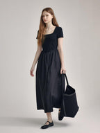 fano Cotton High Waist A Line Square Neck Short Sleeve Office Casual Maxi Dresses