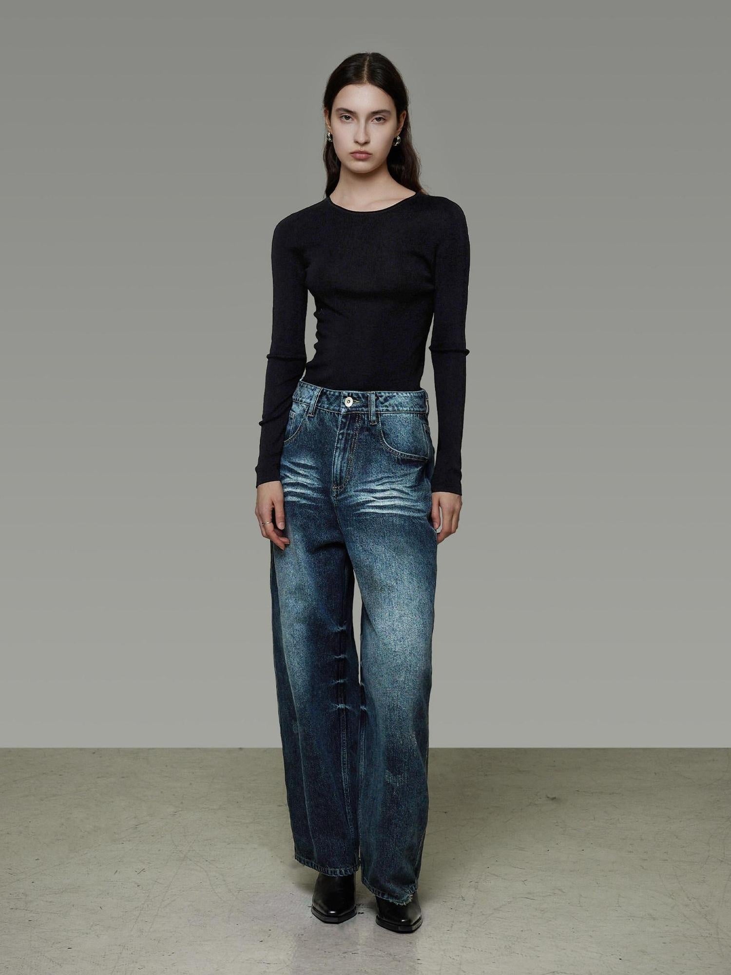 unspoken Washed High Waist Durable Workwear Vintage Blue Button Fly Rigid Wide Leg Jeans
