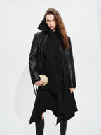 audreyyang Soft Lambskin Vintage Loose Fit Collarless Black Woven Women Leather Jackets