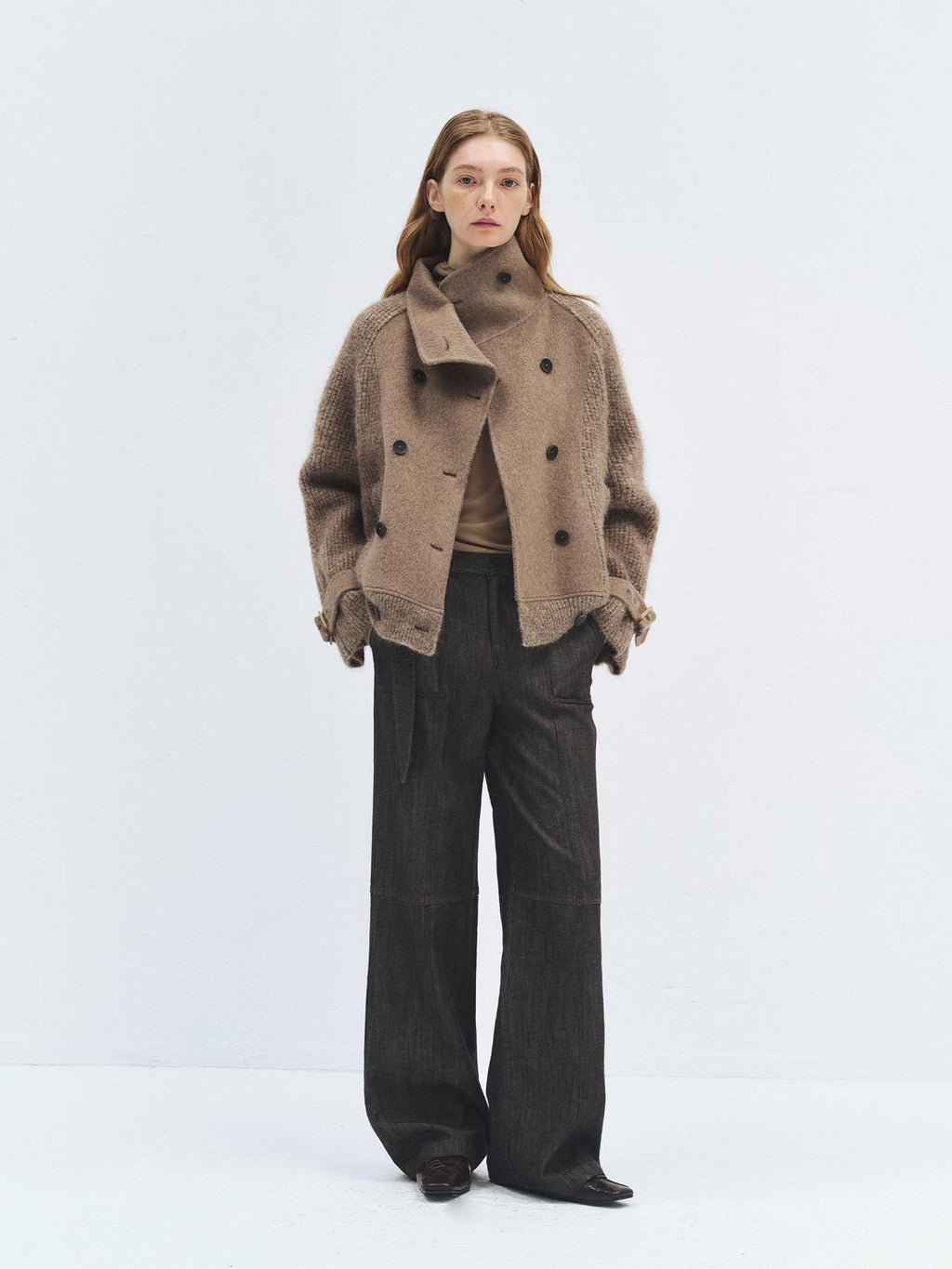 someonesometimes Alpaca Blend Double Breasted Casual Loose Fit Women Lapel Dusty Camel Short Coat