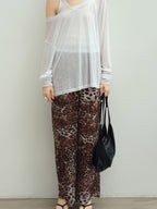 audreyyang Leopard Print Elastic Waist Minimal Office Loose Straight Womens Wide Leg Pants