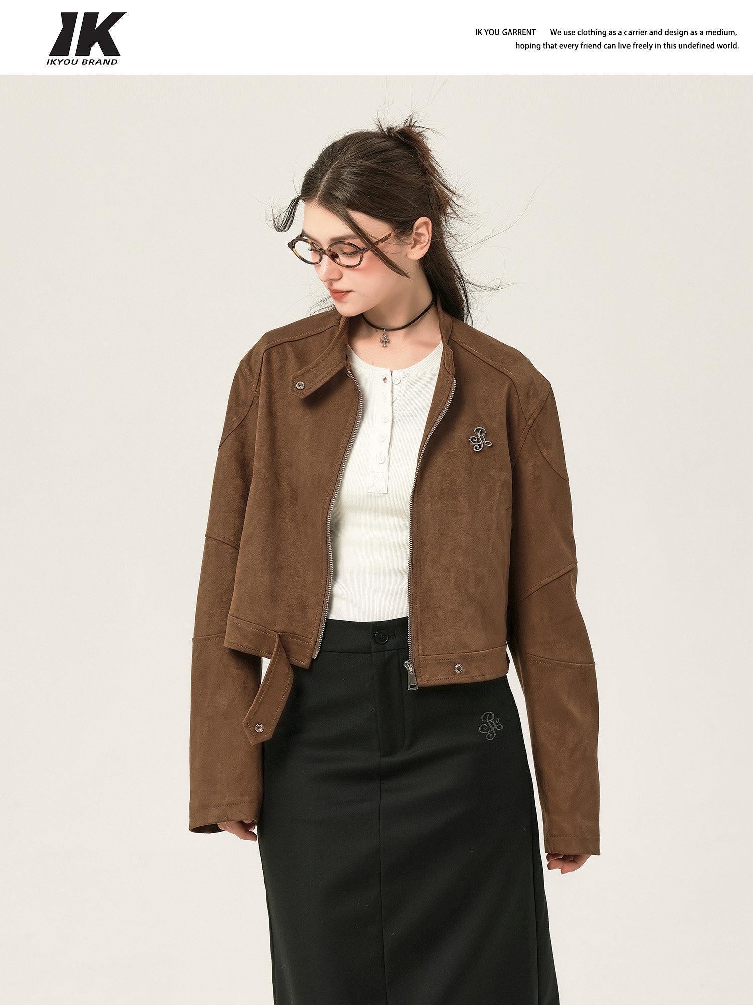 ikyou Resin Colorfast Vintage Boxy 3D Decor Zip Stand Collar Brown Cropped Jackets