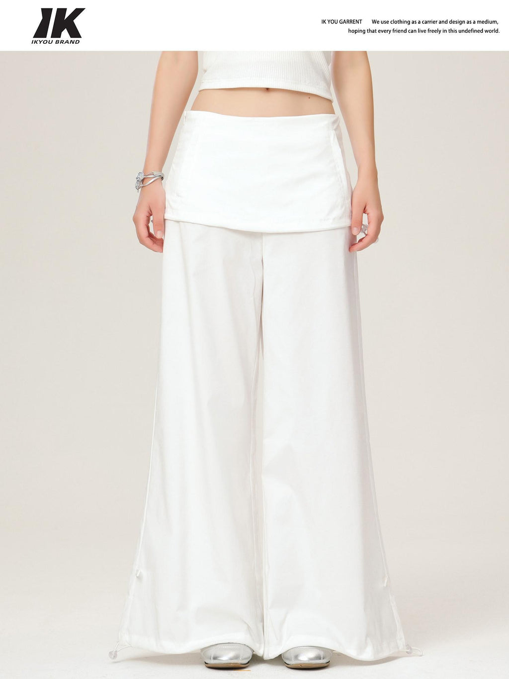 ikyou Wrinkle Free Minimalist Commuter Elastic Waist Natural Rise White Wide Leg Pants