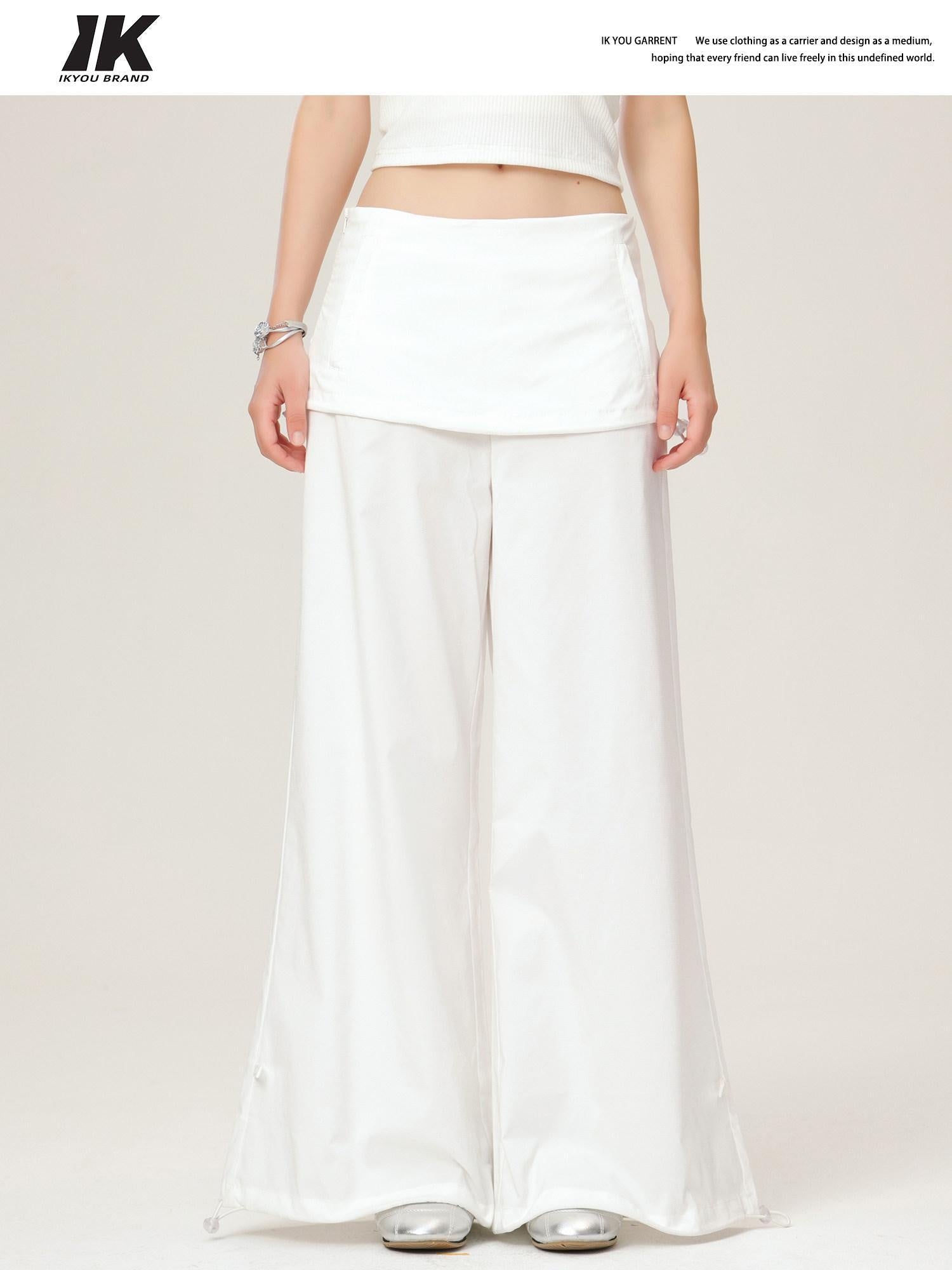 ikyou Wrinkle Free Minimalist Commuter Elastic Waist Natural Rise White Wide Leg Pants