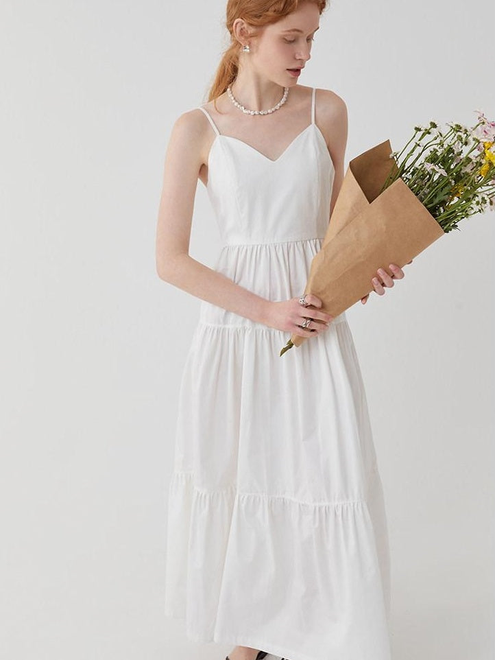 fano High Waist Pleated Minimalist V-neck Sleeveless A Line Cotton Casual Maxi Dresses