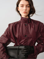 audreyyang Slimming Loose Cuffed Sleeves Button Women Mustard Green Leather Jackets