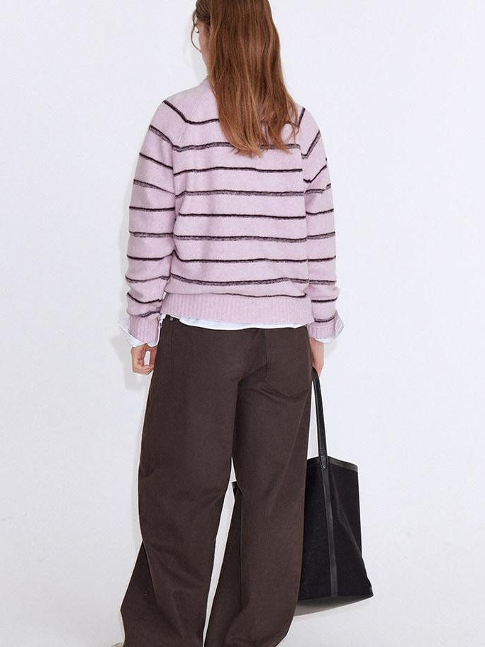 fano Soft Wool Blend Striped Cardigan Loose Fit Commuter Women Pink Knitted Sweaters