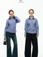 ikyou Embroidered Striped Slim Fit Commuter Long Sleeve Collared Cotton Shirts