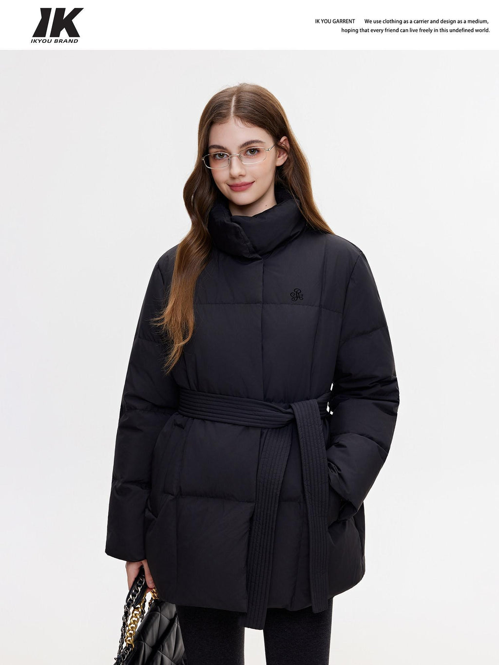 ikyou Insulated Embroidered Pocket Korean Loose Mid Length Stand Collar Puffer Jackets