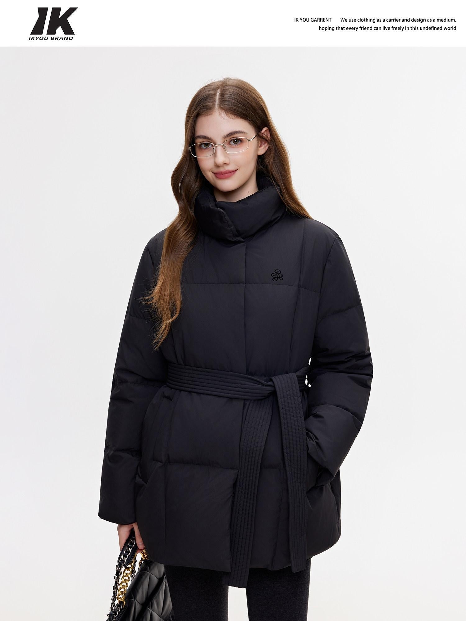 ikyou Insulated Embroidered Pocket Korean Loose Mid Length Stand Collar Puffer Jackets