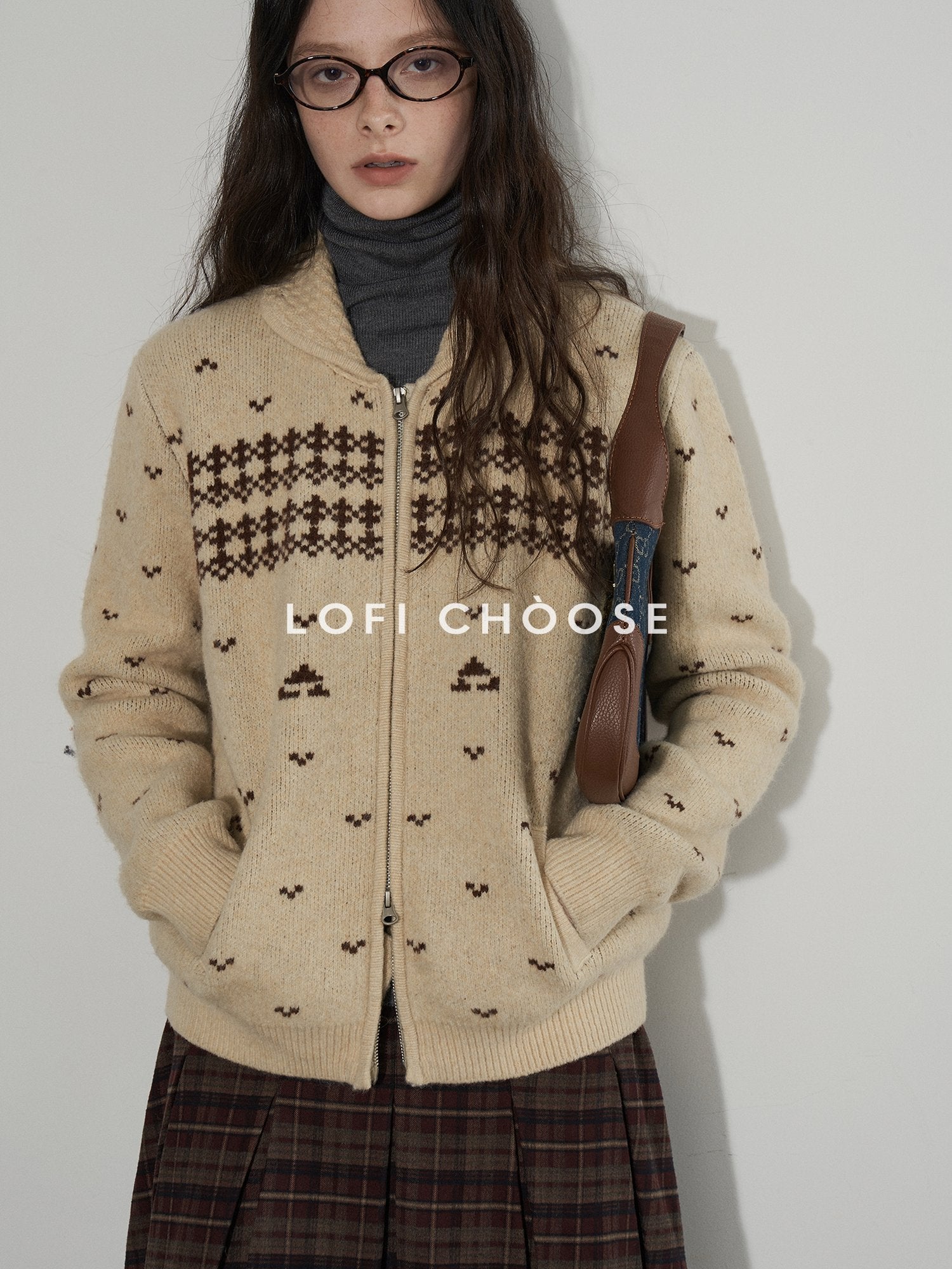 Lofi choose Cozy Thick Vintage Colorblock Loose Zip Lapel Collar Women Caramel Cardigans