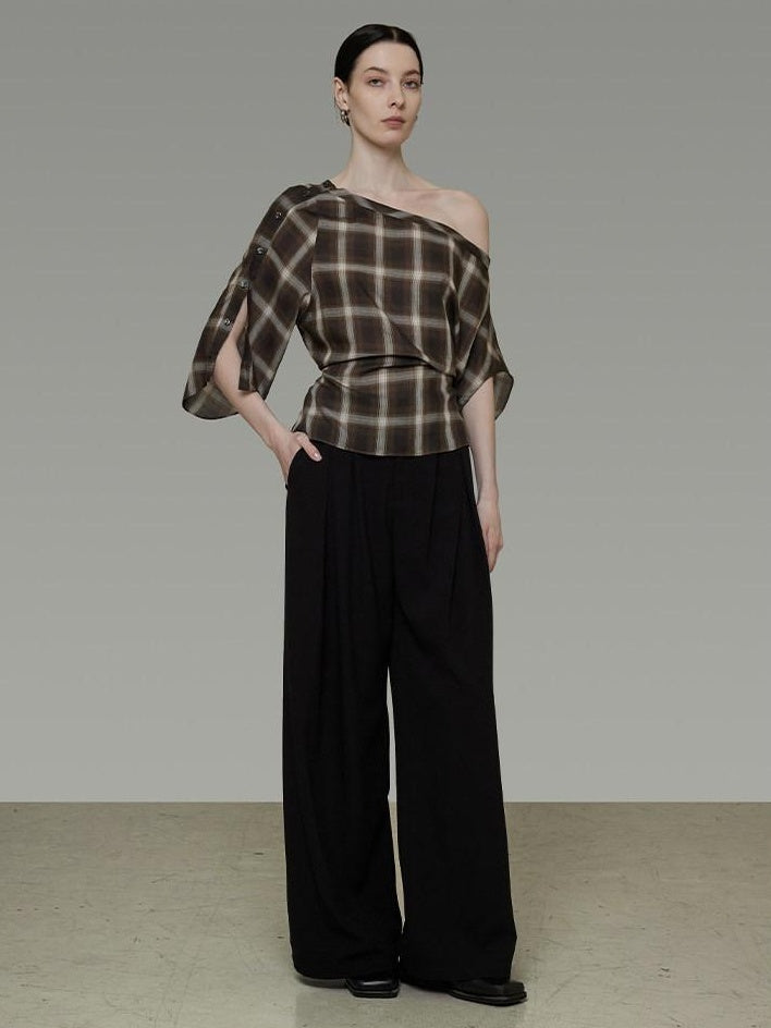 unspoken Breathable Viscose Slim Asymmetric Slant Neck Green Plaid Off Shoulder Crop Tops