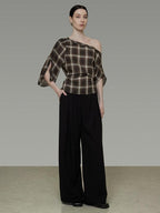 unspoken Breathable Viscose Slim Asymmetric Slant Neck Green Plaid Off Shoulder Crop Tops